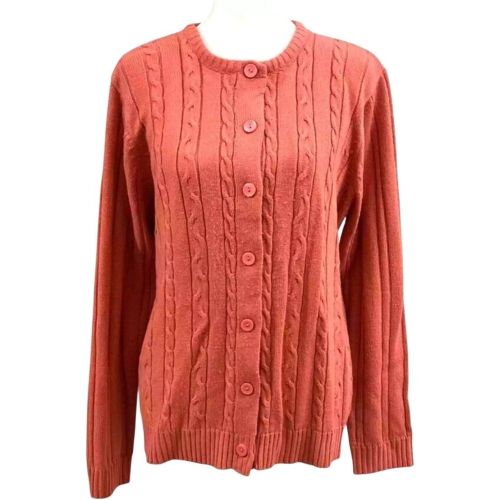 Cable‎ Knit Cardigan Sweater Berry Coral Long Sleeve Button Front Large NEW